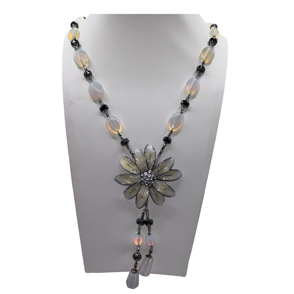 Floral Opalite Crystal Iridescent Necklace Brooch Pendant 2-in-1